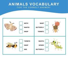 wählen das richtig antworten. Tiere Wortschatz. Arbeitsblatt zum Vorschule. Wörter Prüfung lehrreich Spiel zum Kinder. Vektor Datei.