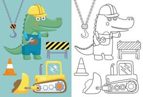 vektor illustration av konstruktion element tecknad serie med krokodil i arbetstagare kostym, färg bok eller sida