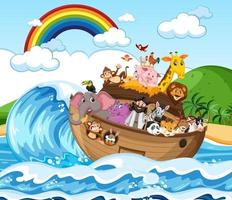 noah ark med djur i havsscenen vektor