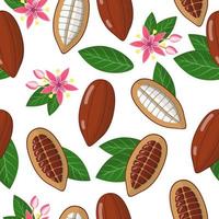 nahtloses Muster der Vektorkarikatur mit exotischen Früchten, Blumen und Blättern des theobroma Kakaos oder des Kakaobaums auf weißem Hintergrund vektor