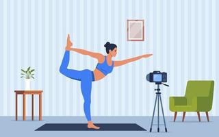 weiblich Charakter tun Yoga Übungen beim Zuhause Aufzeichnung Video mit Kamera auf Stativ. Sozial Netzwerk bloggen, gesund Lebensstil Konzept. Sport zittern. Vektor Illustration.