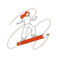 Vektor Zeichnung von ein Mädchen isoliert auf ein Weiß Hintergrund. das Schüler fliegt auf ein enorm Bleistift.