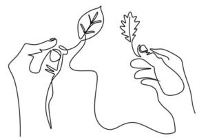 kontinuierliche einzeilige Zeichnung von Händen, die eine Pflanze halten. Konzept des Wachstums und der Liebe zur Erde. zurück zum Naturthema lokalisiert auf weißem Hintergrund mit minimalistischem Stil. Vektor Erde Tag Illustration