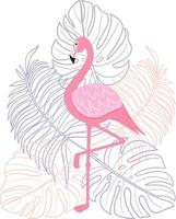 Flamingo auf ein Hintergrund von tropisch Blätter. Vektor Bild im ein eben Stil. Sommer- Illustration