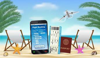 Smartphone mit Online-Flugbuchungs-App am Strand vektor