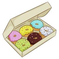 eine Sammlung von bunten glasierten Donuts in einer Box, lokalisiert auf einem weißen Hintergrund. Vektorillustration im flachen Karikaturstil. vektor