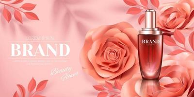 Tröpfchen Flasche Anzeigen mit romantisch Papier Rose Dekorationen im 3d Illustration vektor