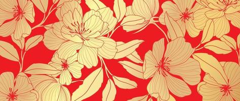 lyx orientalisk blomma bakgrund vektor. elegant vild och löv gyllene linje konst på röd bakgrund. blommig mönster design illustration för dekoration, tapet, affisch, baner, kort. vektor