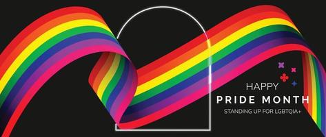 glücklich Stolz Monat Hintergrund. lgbtq Gemeinschaft Symbole mit Regenbogen, Band, Licht rahmen, funkeln. Design zum Feier gegen Gewalt, bisexuell, Transgender, Geschlecht Gleichwertigkeit, Rechte Konzept. vektor