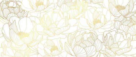 lyx guld pion blomma linje konst bakgrund vektor. naturlig botanisk elegant blomma med guld linje konst. design illustration för dekoration, vägg dekor, tapet, omslag, baner, affisch, kort. vektor