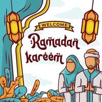 Ramadan Hintergrund mit Hand gezeichnet von Muslim Menschen und islamisch Ramadan Ornament vektor