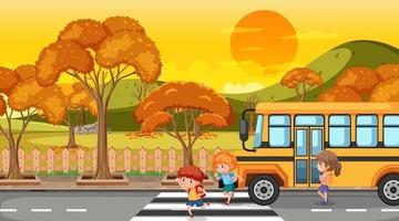 Herbstsaison-Szene mit vielen Kindern, die aus dem Schulbus aussteigen vektor