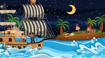 Schatzinselszene bei Nacht mit Piratenkindern auf dem Schiff vektor