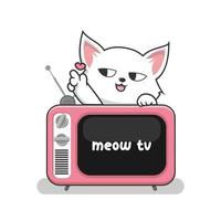 katt och gammal TV med kärlek hand - söt vit fitta katt ovan tv vektor