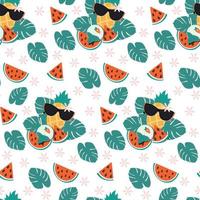 hell nahtlos Sommer- Muster von Ananas im Sonnenbrille, Wassermelone Scheiben und Cocktail mit Minze vektor