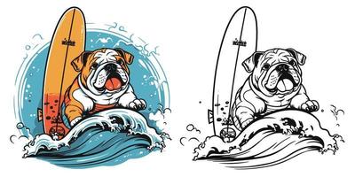 ein Strand liebend Bulldogge fangen etwas Wellen auf ein surfbrett.illustration von T-Shirt Design vektor