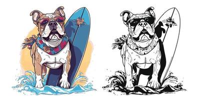 en strand kärleksfull bulldogg fångst några vågor på en surfbräda.illustration av t-shirt design vektor