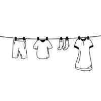 Seil zum Trocknen Kleider mit Socken, Unterhose, T-Shirt, Shorts, Kleid. Gekritzel Stil Illustration, schwarz Linie isoliert auf Weiß Hintergrund. vektor