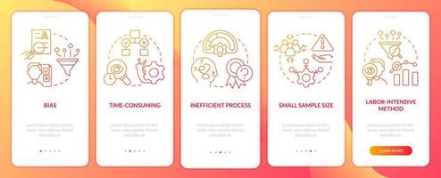 nackdelar av fall studie röd lutning onboarding mobil app skärm. frågor genomgång 5 steg grafisk instruktioner med linjär begrepp. ui, ux, gui mall vektor