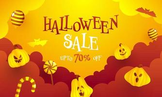 halloween försäljning baner design med rabatt erbjudande, papper jack-o-lanterns, ballonger, godis på moln lutning röd och gul bakgrund. vektor