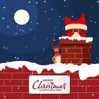 Illustration von Santa claus gehen Nieder das Kamin mit Karikatur Rentier auf voll Mond Schneefall Hintergrund zum fröhlich Weihnachten Neu Jahr. vektor