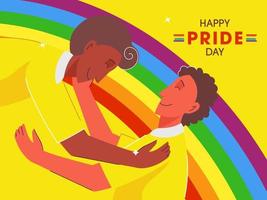 glücklich Stolz Tag Vektor Illustration mit jung Fröhlich Paar Umarmung zu jeder andere auf Regenbogen Farbe Hintergrund.