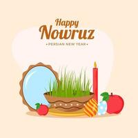 Illustration von Samen mit Oval Spiegel, Eier, Äpfel und beleuchtet Kerze auf Pastell- Pfirsich Hintergrund zum glücklich Nowruz, persisch Neu Jahr Feier. vektor