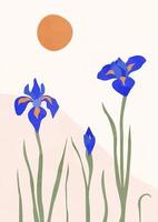 Boho Poster mit Blume.a einfach, minimalistisch Iris drucken. Blumen, Mond und Sterne. Kunst zum zum Postkarten, Mauer Kunst, Banner, Hintergrund. Lager Vektor Illustration.