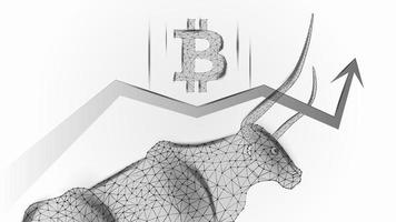 hausse trend av bitcoin med en polygonal tjur och ett uppåt pil med BTC symbol på ljus bakgrund. modern neon vektor illustration.