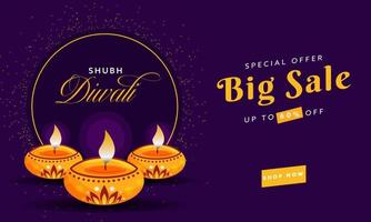 Diwali groß Verkauf Banner Design mit Rabatt Angebot und beleuchtet Öl Lampen auf lila Hintergrund. vektor