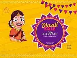 Diwali Verkauf Poster Design mit Rabatt Angebot und heiter indisch Frau halten Teller von zündete Öl Lampen auf Gelb Bürste Textur Hintergrund. vektor