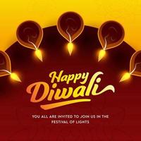 oben Aussicht von beleuchtet Öl Lampen dekoriert auf rot und Gelb Mandala Hintergrund zum glücklich Diwali Feier. vektor