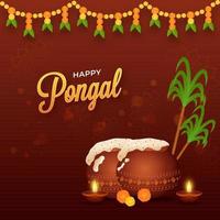 glücklich pongal Schriftart mit traditionell Gericht im Schlamm Töpfe, zündete Öl Lampen, Zuckerrohr und Blumen- Girlande auf braun Hintergrund. vektor