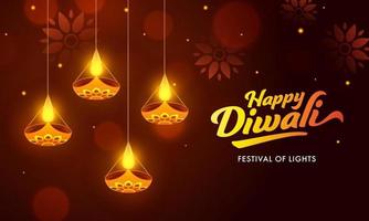 Lycklig diwali firande baner design dekorerad med hängande belyst olja lampor på brun bokeh bakgrund. vektor