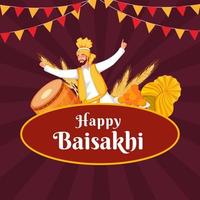 tecknad serie punjabi man dans med dhol, turban, vete öra, indisk ljuv och flaggväv flagga dekorerad på vinröd strålar bakgrund för Lycklig Baisakhi firande. vektor