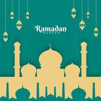 islamic helig månad av ramadan kareem begrepp med hängande lyktor, och papper moské på havsgrön bakgrund. vektor