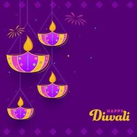 glücklich Diwali Feier Poster Design mit hängend zündete Öl Lampen und Feuerwerk auf lila Hintergrund. vektor