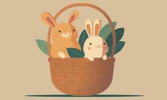Illustration von süß zwei Baby Kaninchen oder Hasen Zeichen mit Blätter im Korb gegen Beige Hintergrund und Kopieren Raum. vektor