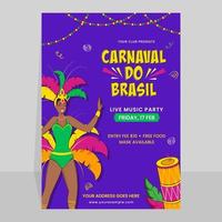 karneval av Brasilien inbjudan kort med kvinna samba dansare karaktär och mötesplats detaljer. vektor