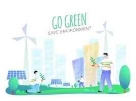 Illustration von Menschen Gartenarbeit mit Solar- Tafeln, Windmühlen und Gebäude auf Natur Hintergrund zum gehen Grün speichern Umgebung Konzept. vektor