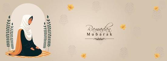 Ramadan Mubarak Banner Design mit jung Muslim Frau Charakter Angebot namaz auf Matte. vektor