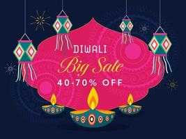 Diwali groß Verkauf Poster Design mit Rabatt Angebot, beleuchtet Öl Lampen und hängend Laternen auf Rosa und Blau Mandala Muster Hintergrund. vektor
