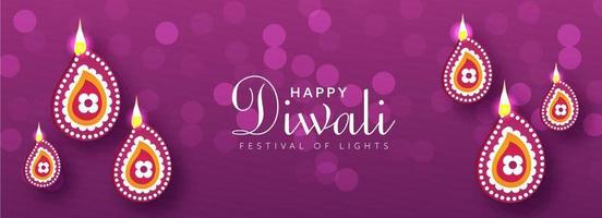 glücklich Diwali Festival von Beleuchtung Text auf lila Bokeh verwischen Hintergrund dekoriert mit oben Aussicht zündete Öl Lampen. vektor