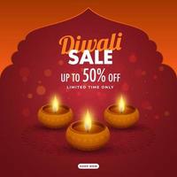 Diwali Verkauf Poster Design mit Rabatt Angebot, zündete Öl Lampen auf Orange und rot Bokeh Hintergrund. vektor