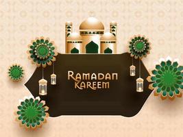 islamisch heilig Monat von Ramadan kareem Konzept mit schön Moschee und Blumen- Muster und hängend beleuchtet Laternen. vektor
