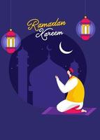 Illustration von Muslim Mann Angebot namaz mit Halbmond Mond, hängend beleuchtet Laternen auf lila Moschee Hintergrund. vektor