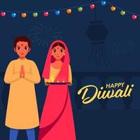 illustration av indisk par håller på med namaste med tallrik full av olja lampor på blå bakgrund för Lycklig diwali firande. vektor