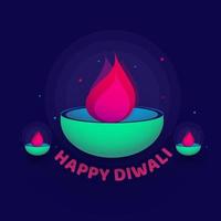 Lycklig diwali text med upplyst olja lampor på blå bakgrund. vektor