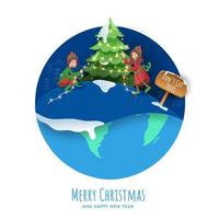 fröhlich Weihnachten glücklich Neu Jahr Poster Design mit heiter Kinder dekoriert Weihnachten Baum, nicht Schnitt Bäume Tafel auf Weiß und Blau Papier Globus Hintergrund. vektor