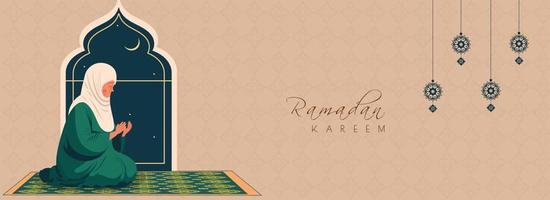 ramadan kareem baner design med äldre muslim kvinna karaktär erbjudande namaz på matta och islamic mönster bakgrund. vektor